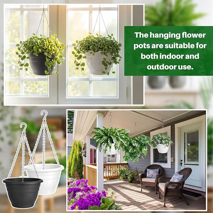 20 Pcs 10 Inch Plastic Self Watering Hanging Planters Bulk Hanging Baskets for Plants Indoor Outdoor with Drainage Holes and Chain Plant Pot for Garden, Balcony, Porch, Patio Decor