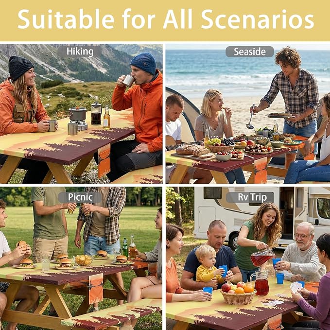 Fitted Waterproof Picnic Table Cover with Bench Covers Elastic Reusable Camping Table Cloths for 6Ft Rectangle Tables Summer Camp Motorhome Party Gear Outdoors Car Travel Trailer Gadgets Gift