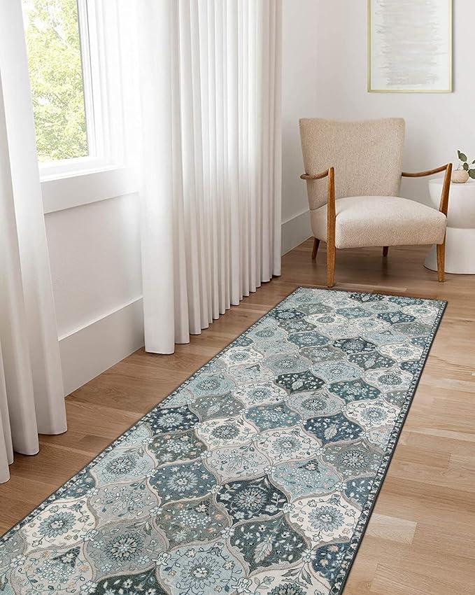 Lahome Moroccan Washable Runner Rug, 2x6 Blue Kitchen Runners for Hallways | Non Slip Vintage Trellis Laundry Room Rug Vintage Ultra-Thin Long Carpet for Kitchen Bedroom Elise,, Blue