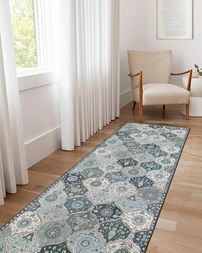 Lahome Moroccan Washable Runner Rug, 2'5''x8' Kitchen Runners for Hallways | Ultra-Thin Vintage Oriental Non-Slip Hallway Rug Carpet for Entryway Bedroom Laundry Room Foyer Elise, Blue