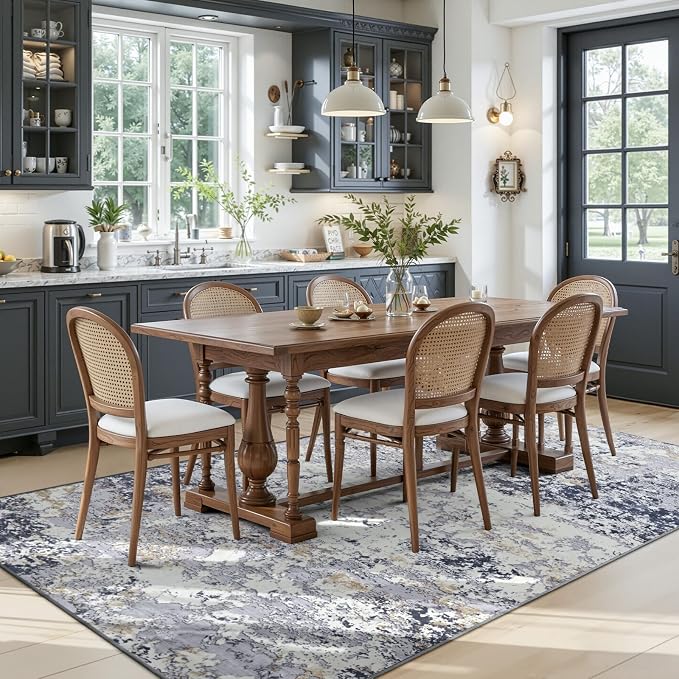 Toneed Washable 5x7 Area Rug with Non-Slip Backing for Living Room | Abstract Modern Rugs, Soft Low Pile Carpet for Bedroom Kitchen Dining Room Nursery Indoor Floor Home Decor, Blue White Gold