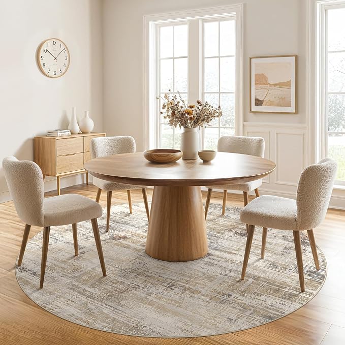 Uermei 6ft Round Area Rug for Living Room Washable Abstract Golden Brown | Soft Low Pile Non Slip Indoor Carpet Stain Resistant Kid Pet Friendly Circle Rug For Bedroom Dining Room Office Nursery