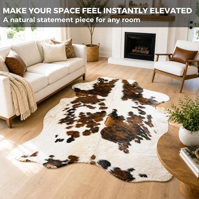 rodeo Genuine Cowhide Rug - Real Cow Hide Rug Large for Living Room & Bedroom - Western Rugs for a Natural Western Home Decor Ambiance - Rustic Cow Print Carpet Decor - 6x7 ft, Tricolor