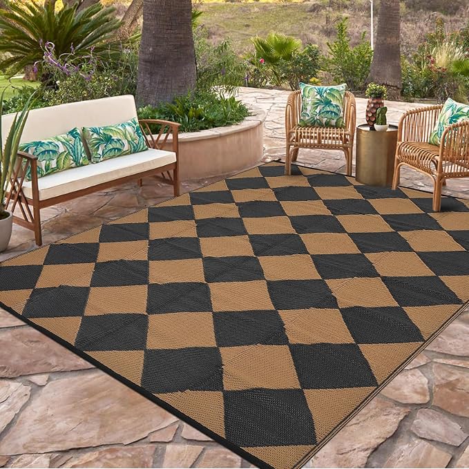 Garvee 8x10 Outdoor Rug Waterproof Plastic Straw Rug Outdoor Patio Rugs Reversible Mat Easy Clean Foldable Lightweight Large Area Rugs for Patio Porch Backyard Camping RV Beach Balcony Checkered Brown
