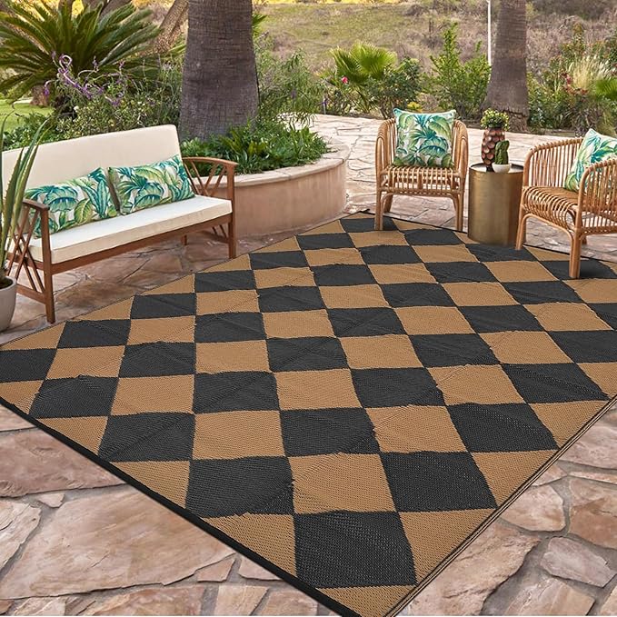 Garvee Outdoor Rug 9x18 Outdoor Patio Rug Reversible Plastic Straw Rugs Waterproof Foldable Mat Easy Clean Lightweight Carpet for Backyard Camping Porch RV Beach Balcony Deck Picnic Checkered Brown