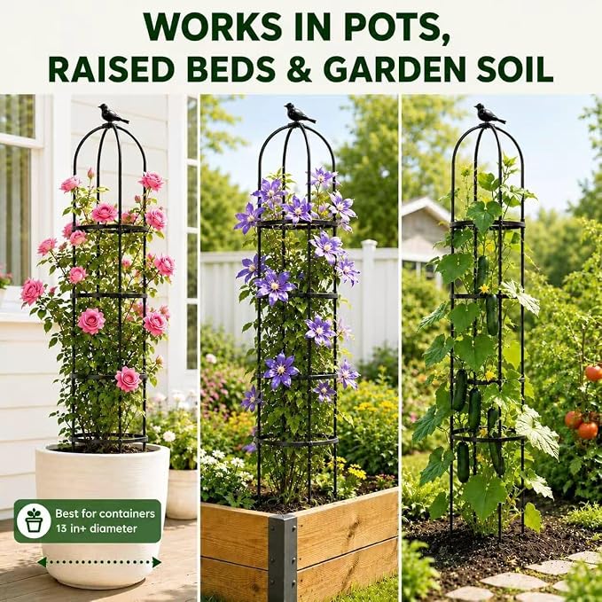 OTOSUNNY Garden Obelisk Trellis for Climbing Plants Outdoor, 6 ft Tall Trellis for Roses Clematis Jasmine Ivy Flower Light Climbing Vines Potted Plant Support, Patio, Yard, Black, 1PCS