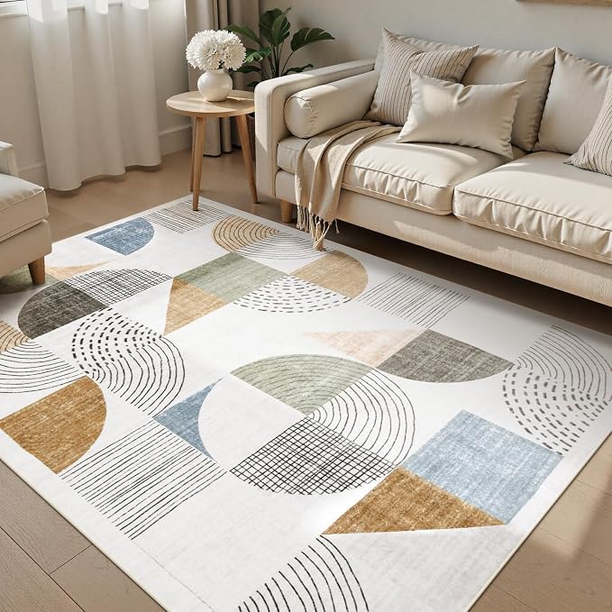 Beeiva Boho Area Rugs for Living Room, 5x7 Washable Area Rug Non Slip Geometric Carpet, Low Pile Lightweight Soft Rugs for Bedroom Home Office, Living Room Home Decor (Multi Color,5X7)