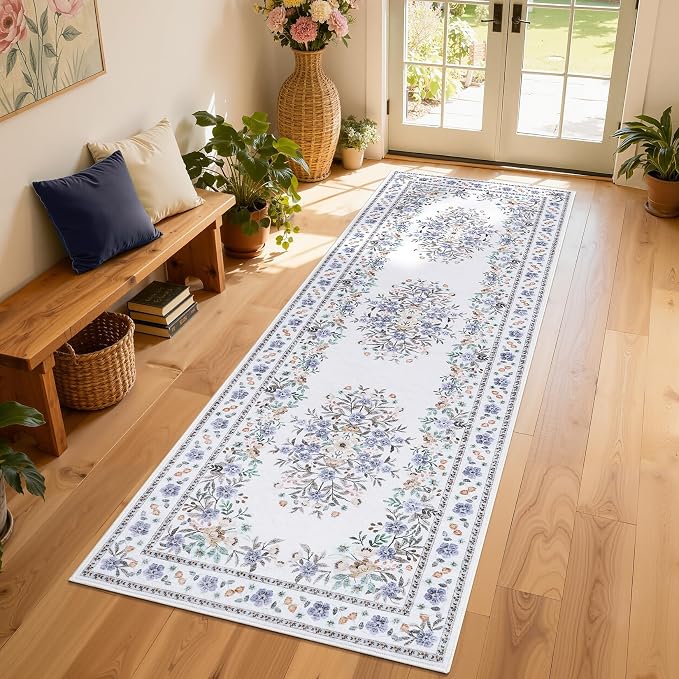 GarveeHome 2x6 Floral Runner Rug for Nursery Vintage Flower Runners | Washable Non-Slip Low Pile Botanical Floor Carpets for Bedroom Multi-Color Floral Area Rugs for Hallway Kitchen Beige