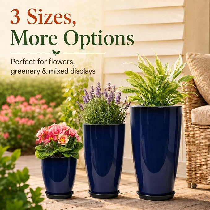 Neoaider Set of 3 Tall Planter, 24/21/12in Large Plastic Planter, Blue | Ceramic-Look, Lightweight, Built-in Drain Hole, Saucers, Tall Outdoor Planter for Porch, Garden, Patio, Balcony