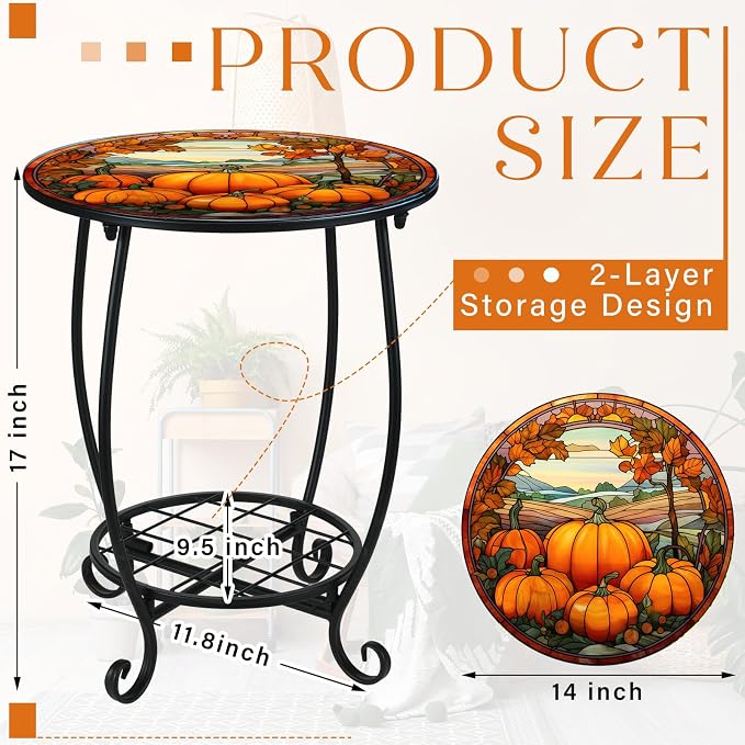 Cinnvoice Outdoor Side Table Round Small Mosaic Patio Accent Indoor End Plant Coffee Tea Table for Yard Patio Porch Garden Living Room, Bedroom(Pumpkin Style,14 Inch)
