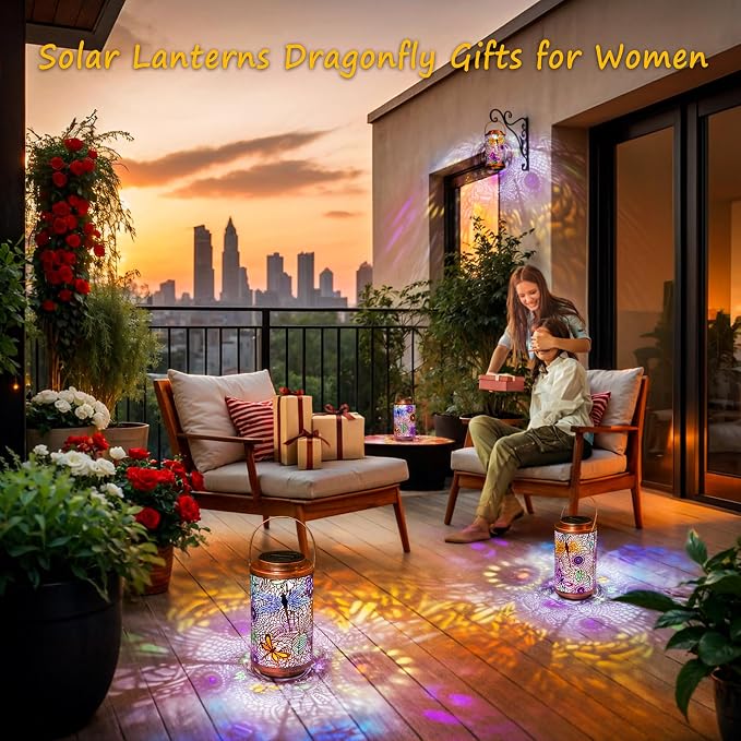 2Pack Solar Outdoor Lanterns Waterproof Multicolor Dragonfly Garden Gifts for Mom Women Backyard Lights Lanterns for Indoor,Outdoor, Outside,Mothers Day Gifts for Grandma Wife