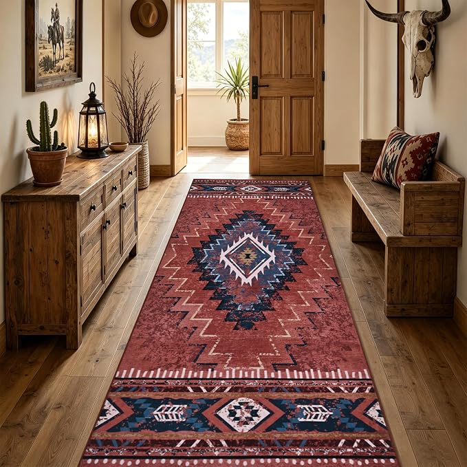 Yinhua 2x8 Runner Rug Non Slip, Western Washable Runner Rugs for Kitchen | Rust Aztec Long Hallyway Runners Rug Low-Pile, Soft Fall Carpet for Bedside Bathroom Entryway