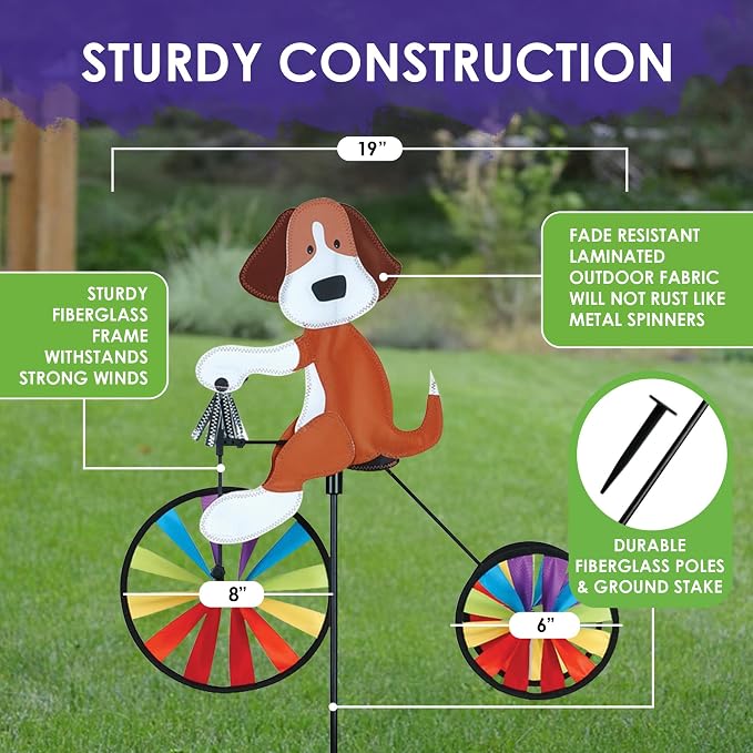 Tricycle Spinner Dog 19" – Cute Canine Design, Weather-Resistant Outdoor Decor, Durable & Lightweight for Patios, Yards, and Gardens - Eye-Catching Wind Spinner with Rotating Wheels