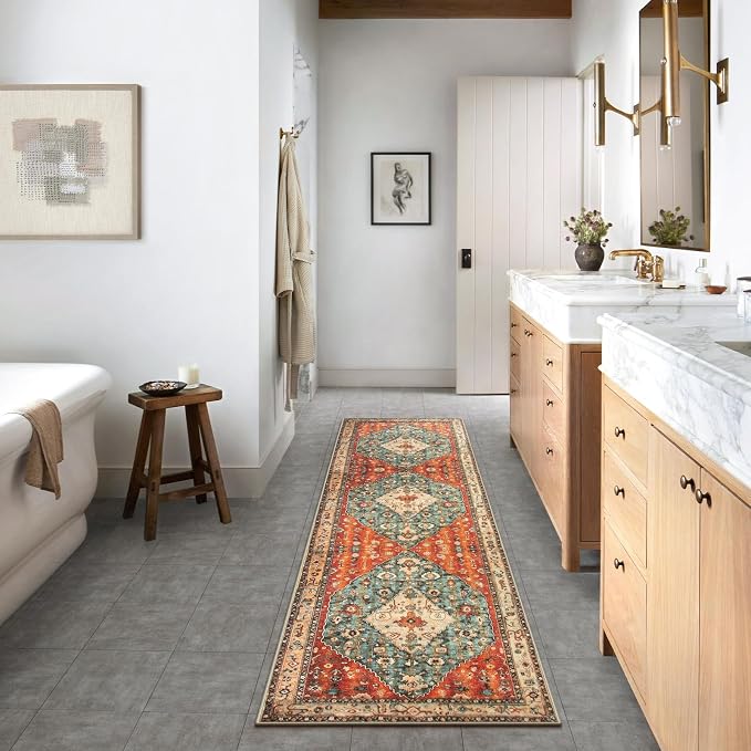 Lahome Felice Boho Tribal 2'6" x 10' Washable Runners for Hallways, Oriental Kitchen Runner Rugs Non Skid Washable, Oriental Soft Long Stair Carpet Runner for Living Room Bedroom, Rust/Dull Teal