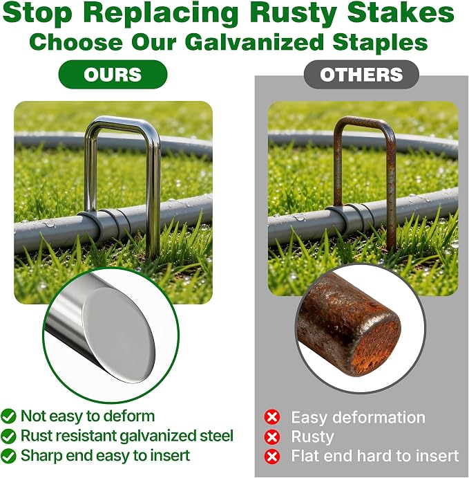 AMAGABELI 6 Inch 50 Pack Galvanized Landscape Staples 11 Gauge Anti-Rust Heavy Duty Garden Stakes Plant Cover Spikes U-Shaped Sod Pins Fence Stakes for Weed Barrier,Irrigation Tubing,Lawns,Decoration