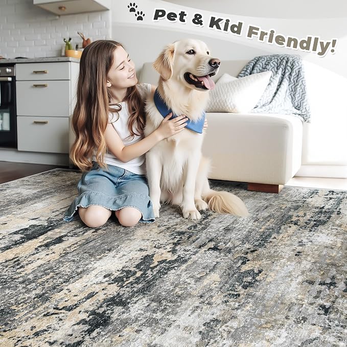 pmtsns Area Rugs 6x9 for Living Room: Washable Rug Modern Abstract Neutral Soft Non-Slip Low-Pile Indoor Carpet for Bedroom Dining Room Playroom Home Office (Black Grey Brown, 6'x9')
