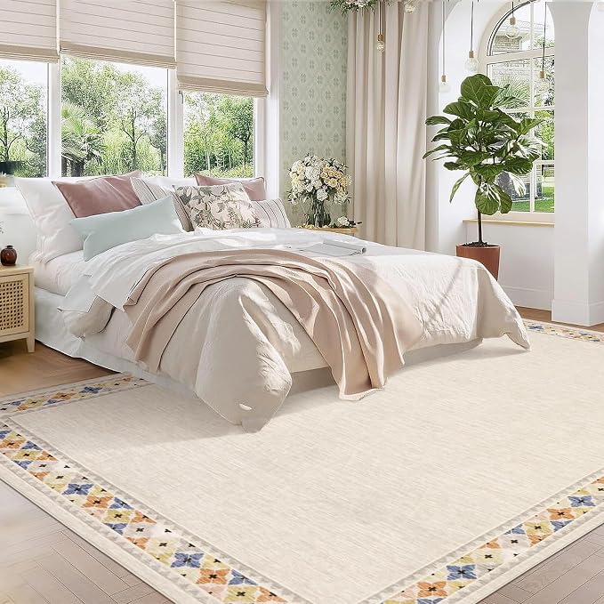 Garvee Large Area Rug 10x13 Rugs Tribal Border Washable Rug, Beige | Floral Border Area Rug Stain Resistant Easy Cleaning Throw Rugs Low Pile Floor Cover for Nursery Dining Room Apartment