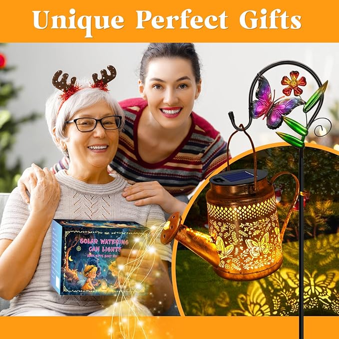 2 Pack Big Solar Butterfly Watering Can Lights, Gift For Mom Grandma Women Wife Daughter Mother's Day, Waterproof Outdoor Decor Light With Shepherd Hook, Hanging lantern Light For Yard Garden Backyard