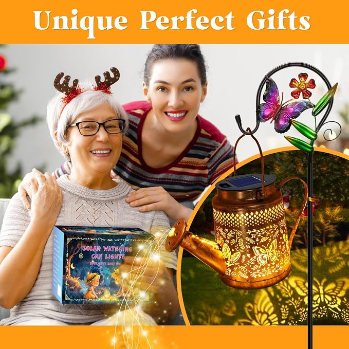 Big Solar Butterfly Watering Can Lights, Gift For Mom Grandma Women Wife Daughter Mother's Day, Waterproof Hanging Lantern Lights With Shepherd Hook, Outdoor Decor For Garden Patio Yard Porch Backyard
