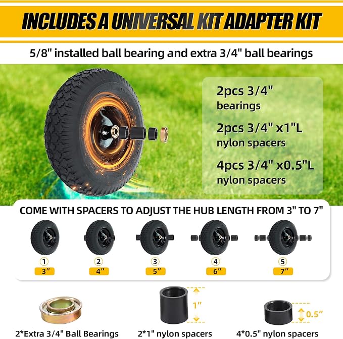 MZREXN 4.80/4.00-8" Tire and Wheel, 16" Pneumatic Wheelbarrow Tire | 5/8"&3/4" Bearings,3"-7"Centered Hub,Fit Hand Truck/Garden Carts/Yard Wagon/Utility Carts/Dolly/Trolley,Black 2pcs