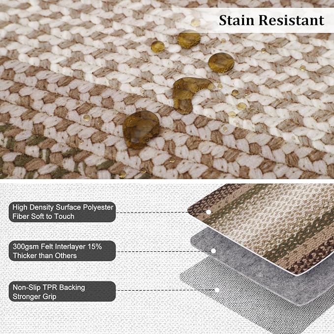 RUGSREAL Modern Rug for Entryway 3x5 Braided Washable Living Room Rug | Non Slip Small Dining Room Throw Carpet Stain Resistant Farmhouse Rustic Area Rug for Bedroom Kitchen, Moss/Brown