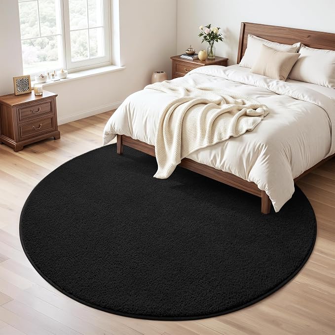 Keeko Round Area Rug 4ft for Living Room Bedroom,Soft Washable Circle Rug | Modern Indoor Memory Foam Rugs Low Pile Non Slip Carpet for Kids Dorm Room Entryway Kitchen Home Decor Black