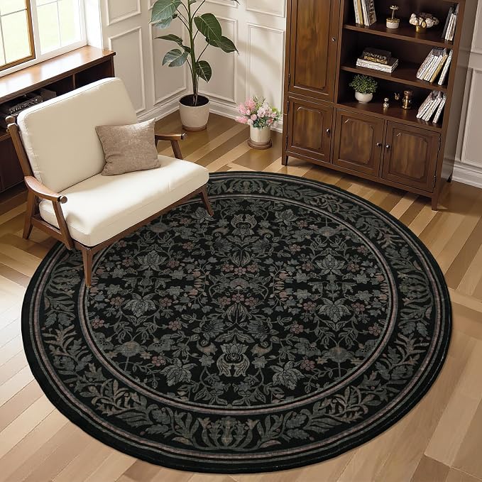 GarveeHome Round Rugs 5ft Washable Circle Rug for Living Room, Black | Boho Vintage Non Slip Soft Low Pile Stain Resistant Indoor Carpet for Bedroom Dining Room Kitchen Entryway Office