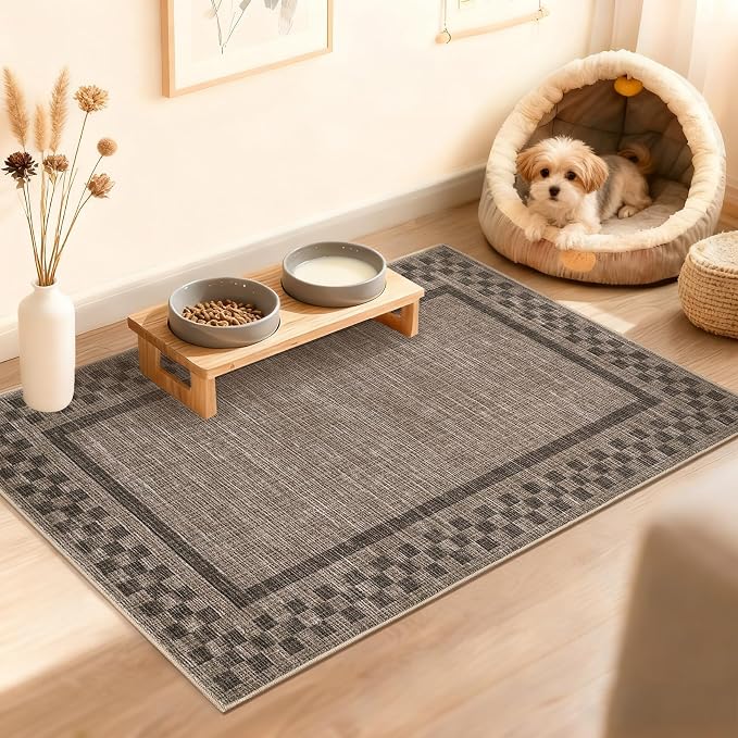 GarveeHome Small Washable Area Rug 2x3 Modern Checkered Entry Bedroom Rug | Solid Color Scalloped Kitchen Rugs Non Slip Stain Resistant Bordered Throw Carpet for Living Room Nursery Laundry, Brown