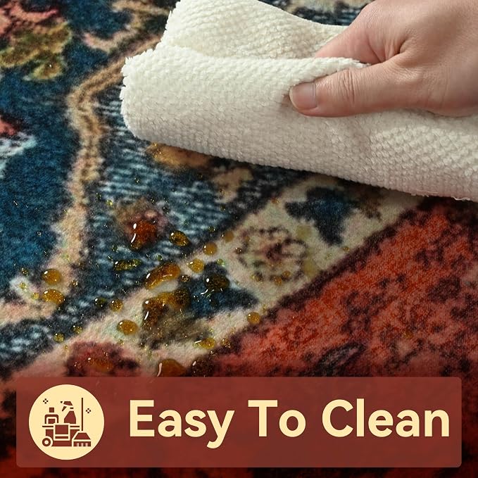 YJ.GWL Area Rugs for Living Room 8x10 Machine Washable Rugs, Non Slip Floral Vintage Rug Indoor Carpet, Stain Resistant Large Rug for Bedroom Dining Room, Orange-Red
