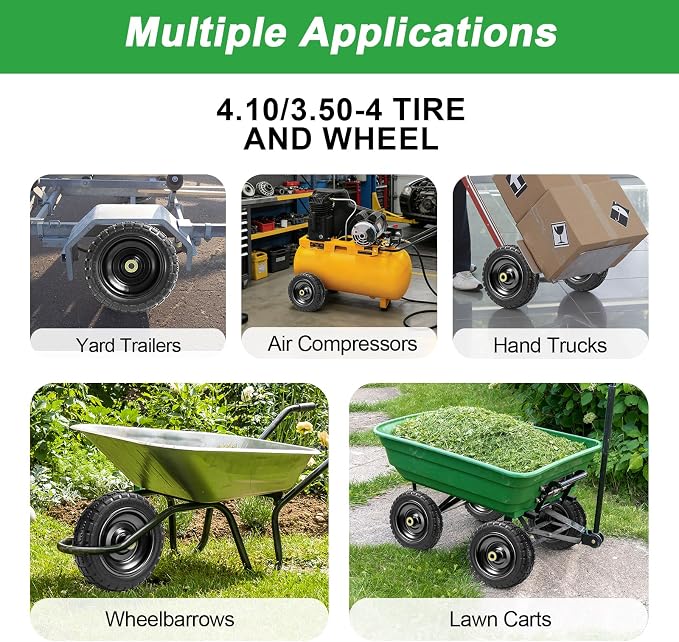 10" Flat Free Replacement Wheels for Gorilla Carts (2-Pack), 4.10/3.50-4 Solid Tires with 5/8" Axle Bore & 2.1" Offset Hub, Heavy Duty No-Flat Wheels for Garden Carts, Hand Trucks & Wagons