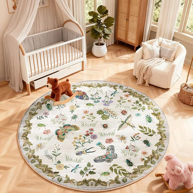 Washable Round Rugs for Bedroom 4ft: Living Room Rug Stain Resistant Non Slip Low Pile Ultra Soft Faux Wool Small Circle Rugs for Entryway Kitchen Bathroom Nursery Dorm Home Office Entrance Indoor