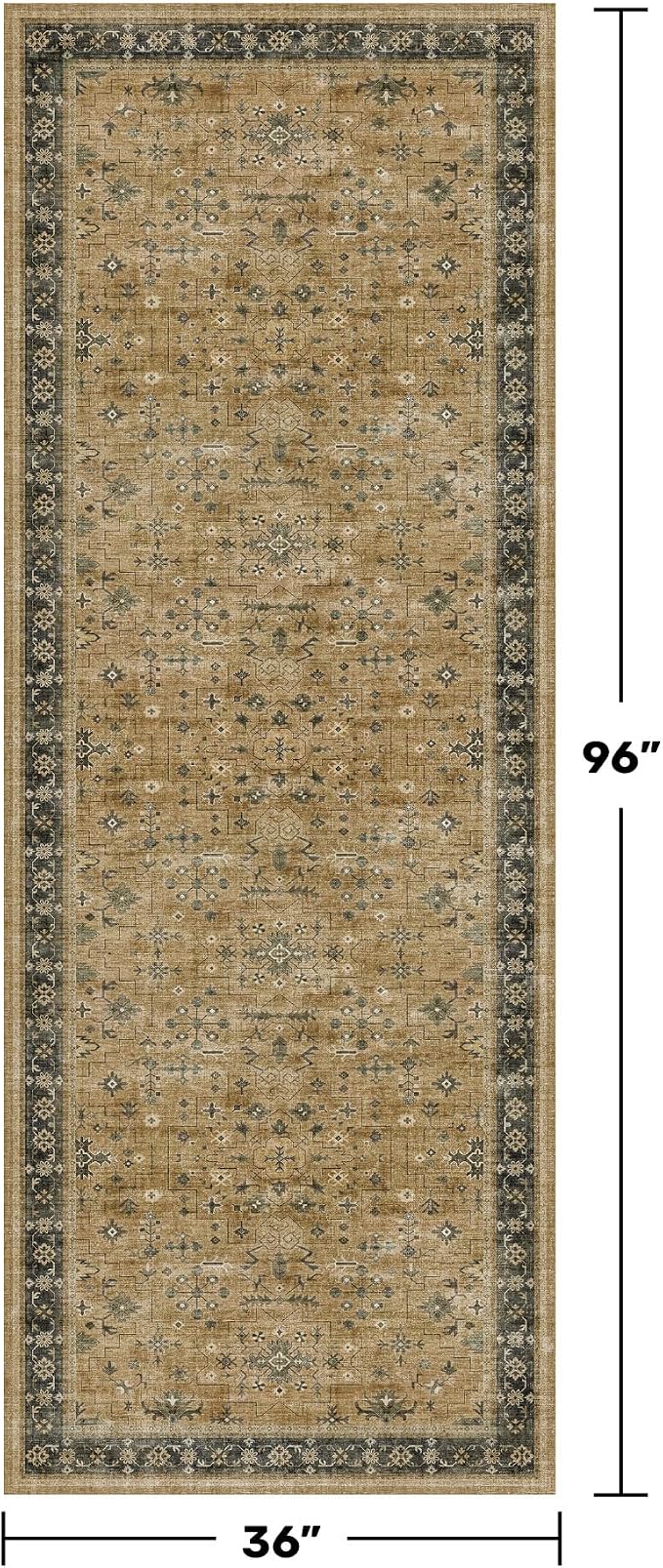 Washable Long Runners for Hallways, 3x8 Rustic Brown and Charcoal Olive Kitchen Runner Rug, Bohemian Traditional Entryway Indoor Rug, Non-Slip Stain & Fade Resistant