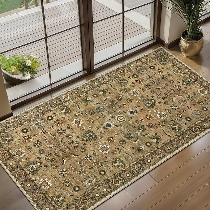 Brown 2x4 Runner Washable Rugs for Entryway, Non Slip Small Area Rug | Tangsoo Vintage Floral Indoor Front Door Rug, Small Carpet, Farmhouse Soft Low Pile Rugs for Entrance Entry Kitchen Bathroom