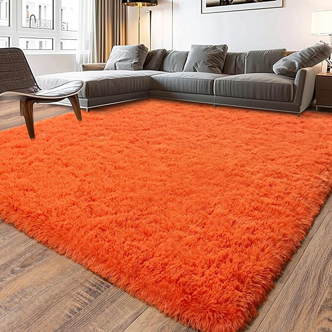 Soft Shag Rugs for Bedroom, Fluffy Washable 4x6 Orange | Upgrade Non-slip, 4 x 6 Shaggy Rugs for Living Room, High Pile Fuzzy Plush Carpet Kids Room Dorm, Flame Resistant