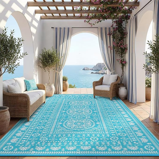 Garvee Reversible Outdoor Rug 9x12 for Patio, Waterproof Outdoor Area Rug, Modern Medallion Indoor Outdoor Rugs, Plastic Straw Rug for RV, Camping, Deck, Vintage Blue