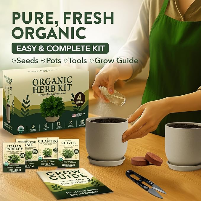 HOME GROWN Indoor Organic Herb Garden Kit, Unique Valentines Day Gift for Adults, Men, & Women,Grow 4 Herb Seeds for Kitchen Window Garden,Beginner DIY Hobby Gardening for Plant Lovers, Mom & Dad