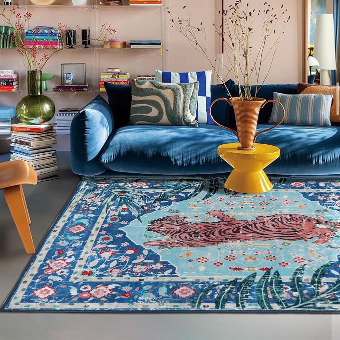 6x9 FT Leopard Rug for Living Room Vintage Animal Rug Aesthetic Rugs for Girls Room Nursery Bedroom Home Office Dorm Thin Bright Blue Carpet (Blue, 6X9 FT)