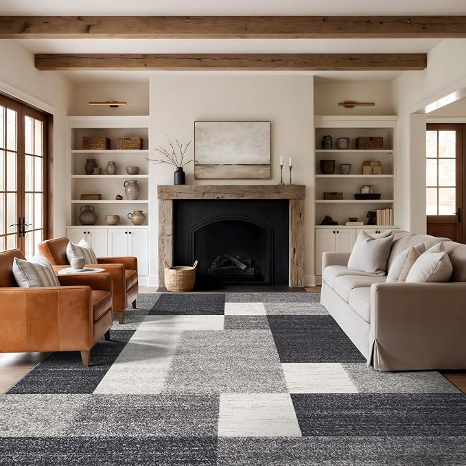 Rugshop Modern Boxes Non-Slip Living Room Bedroom Area Rug Gray 7'10" x 10' | Rectangular, Size 7' 10" x 10', Dining Room, Home Office, Kitchen, Entryway, Hallway, Nursery, Kids Room, Guest Room, Bedside