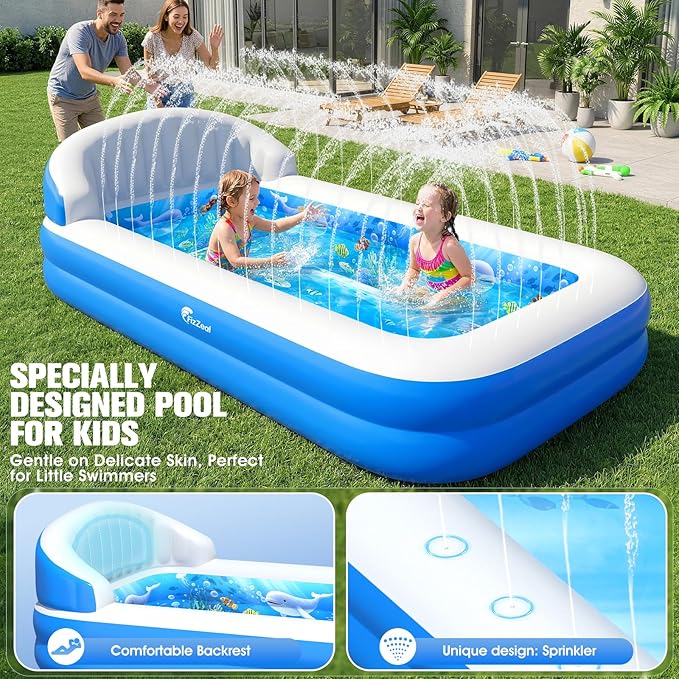 FizZeal Inflatable Kiddie Pool with Sprinkler & Backrest | Rectangular design,specially for toddlers,ideal outdoor backyard inflatable swimming pool for kids summer water entertainment