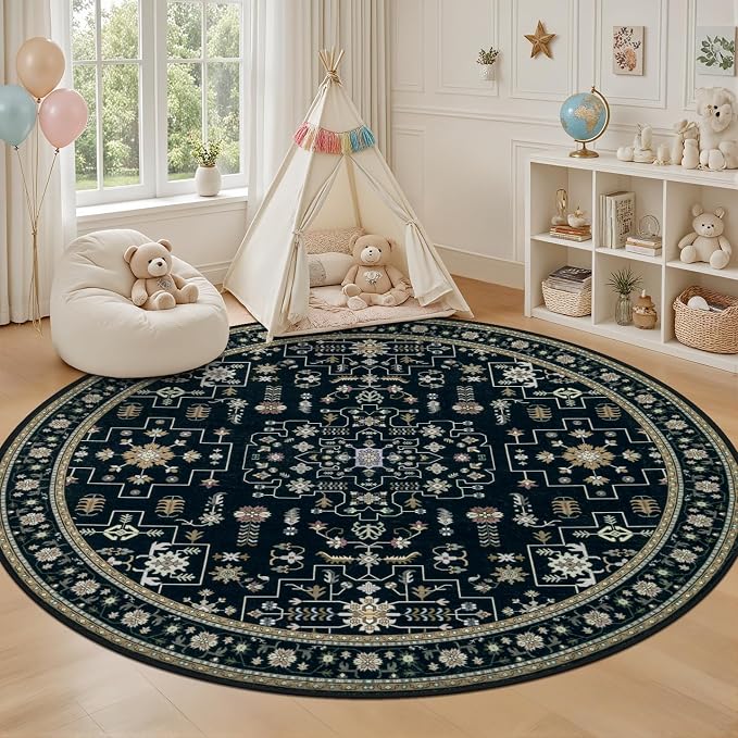 Round Area Rug for Living Room: 8ft Washable Rug for Bedroom Black | Vintage Boho Soft Round Rug Indoor Floor No Slip Carpet Stain Resistant Rugs for Bedroom Dining Room Nursery Home Office