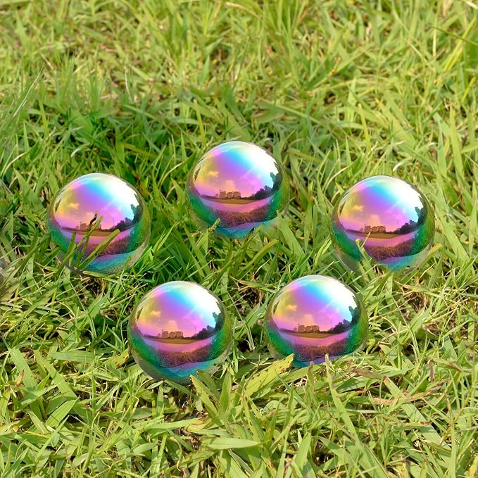 Gazing Ball Garden Mirror Outdoor - Outside Decorative Globe, Rainbow, 5Pcs | Metal Polished Reflective Sphere, Stainless Steel Hollow Decoration Ornament for Home Pond Swimming Pool Housewarming Gift