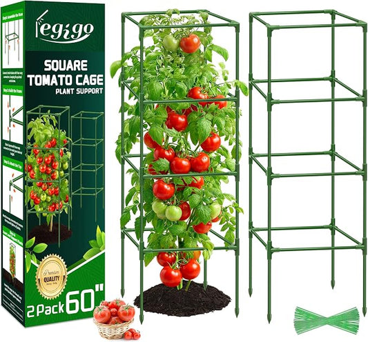 Legigo 2 Pack Square Tomato Cages- 60 Inch Heavy Duty Tomato Trellis for Climbing Plants Outdoor, Tomato Plant Support Stakes Cage Garden Trellis for Garden Raised Garden Bed Cucumbers Vegetables