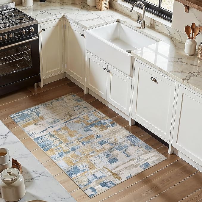 kakania Abstract 3x5 Area Rugs for Living Room: Washable Rugs Blue | Soft, Non-Slip, Low-Pile, Pet & Kid Friendly - Modern Home Decor Carpet for Bedroom/Dining Room/Office/Nursery