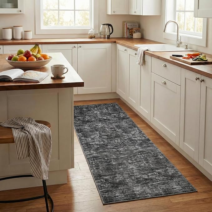 GarveeHome Bathroom Runner Rug 2x6 Machine Washable Area Rugs for Kitchen Floor Modern Solid Color Throw Rug with Non Slip Backing, Non Shedding Low Pile Floor Cover for Laundry Room, Dark Grey