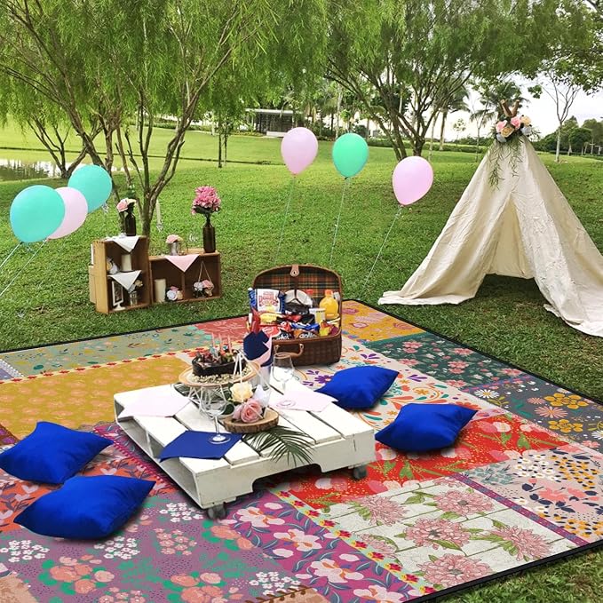 Boho Flower Picnic Blankets Waterproof Foldable, 60’‘x80'' Portable Outdoor Picnic Mat Water Resistant for Grass, Padded Lawn & Park Blanket for Camping, Hiking