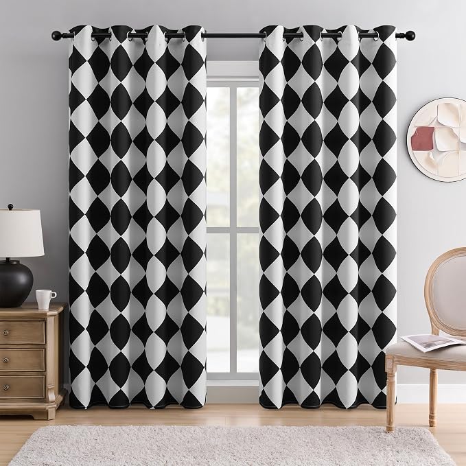 Black and White Diamond Pattern Blackout Curtains for Living Room, Modern Geometric Window Drapes, 100% Light Blocking Curtains for Bedroom, Grommet Top 52 x 84 Inches, 2 Panels