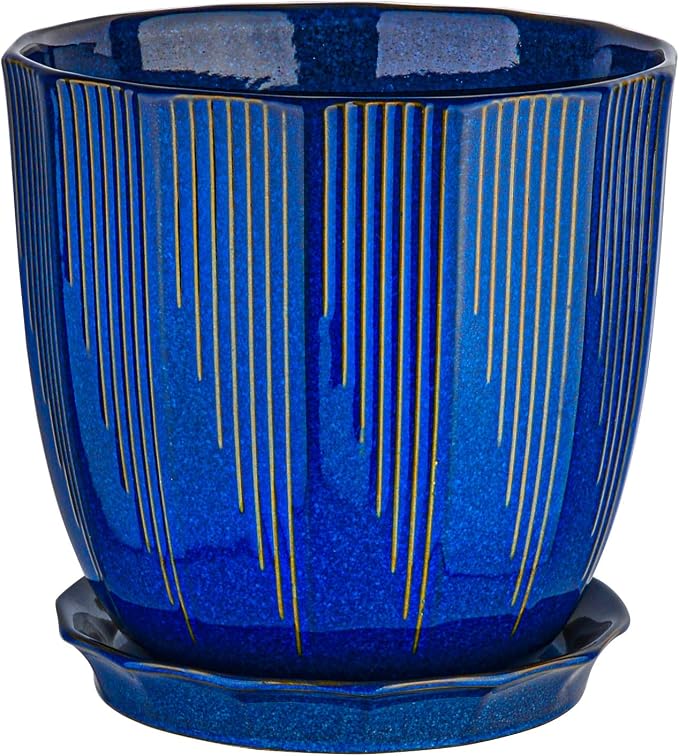 ADN Large Plant Pot Indoor Planters Ceramic Pot for Plants with Drainage Hole and Saucer for Flowers and Plants, Navy, 8 Inch