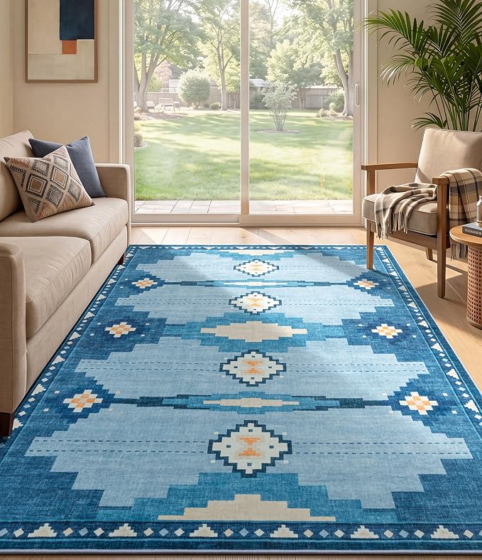 YIHOUSE 5'x7' Washable Blue Geometric Area Rug for Living Room | Soft, Non-Slip, Coastal Aztec Design for Bedroom Dining Nursery Room Playroom, Low Pile, Pet Friendly