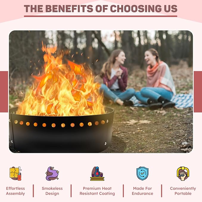 FEBTECH - 36" D Outdoor Fire Ring Liner - Steel Smokeless Firepit Insert | Heat Resistant Fire Ring for DIY In-Ground or Above-Ground Setups, Backyard Gatherings, Camping & Bonfire Nights