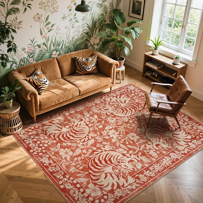 LIVEBOX Washable Tiger Rug 5x7, Non-Slip Terracotta Rug for Living Room, Vintage Jungle Animal Floor Carpet Cool Terracotta Retro Area Rugs for Bedroom Dining Room Nursery Office Dorm